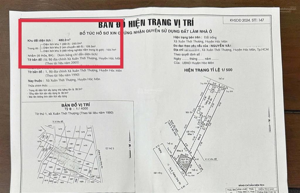 Bán 480m2 đất thổ cư. sổ hồng riêng tặng nhà cấp 4 gần chợ xuân thới thượng