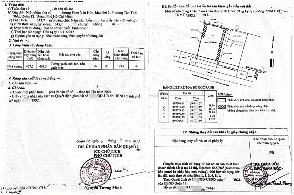 Bán kho  xưởng dt 1.087m2 mặt tiền phan văn hớn, p tân thới nhất