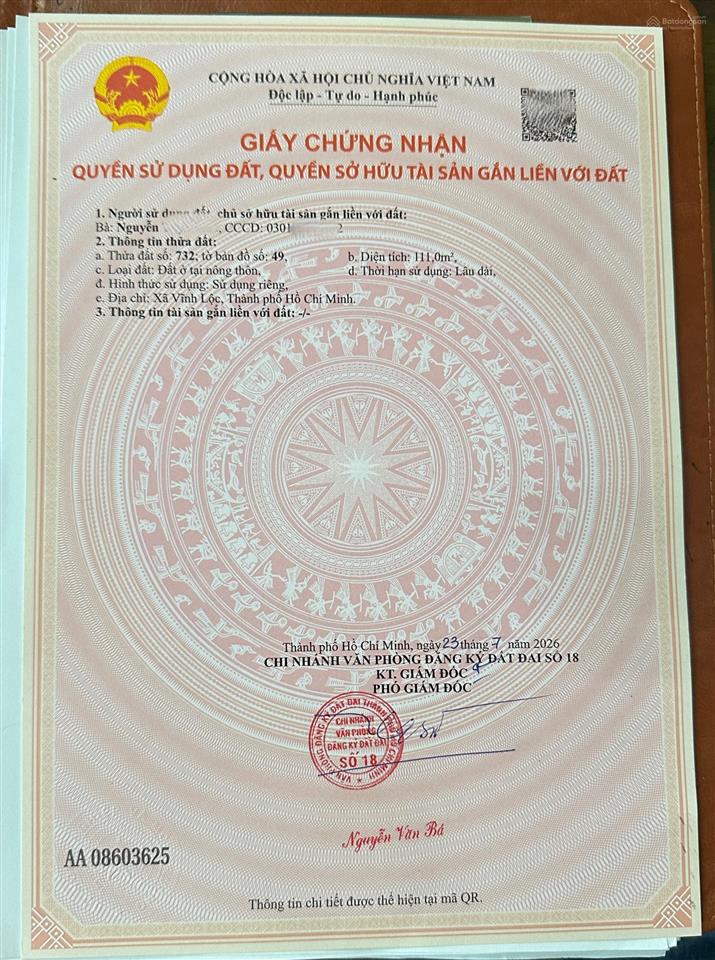 Lô góc 2 mặt tiền 111m2 thổ cư gần chợ thới hòa