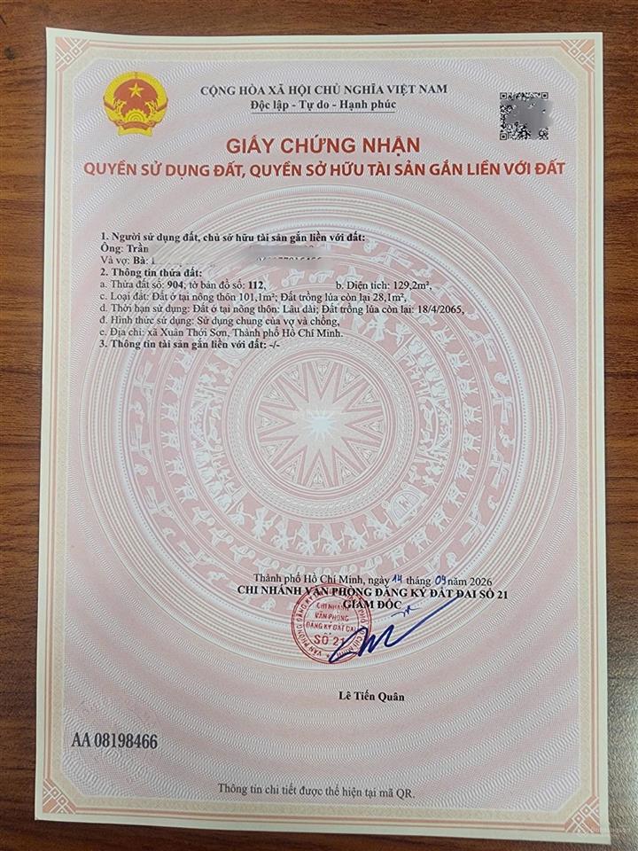 Bán đất thổ cư 129m2 sổ hồng riêng mặt tiền nguyễn thị đành