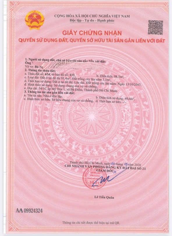 Cần bán đất thổ cư 98m2 sổ hồng riêng gần chợ trung chánh
