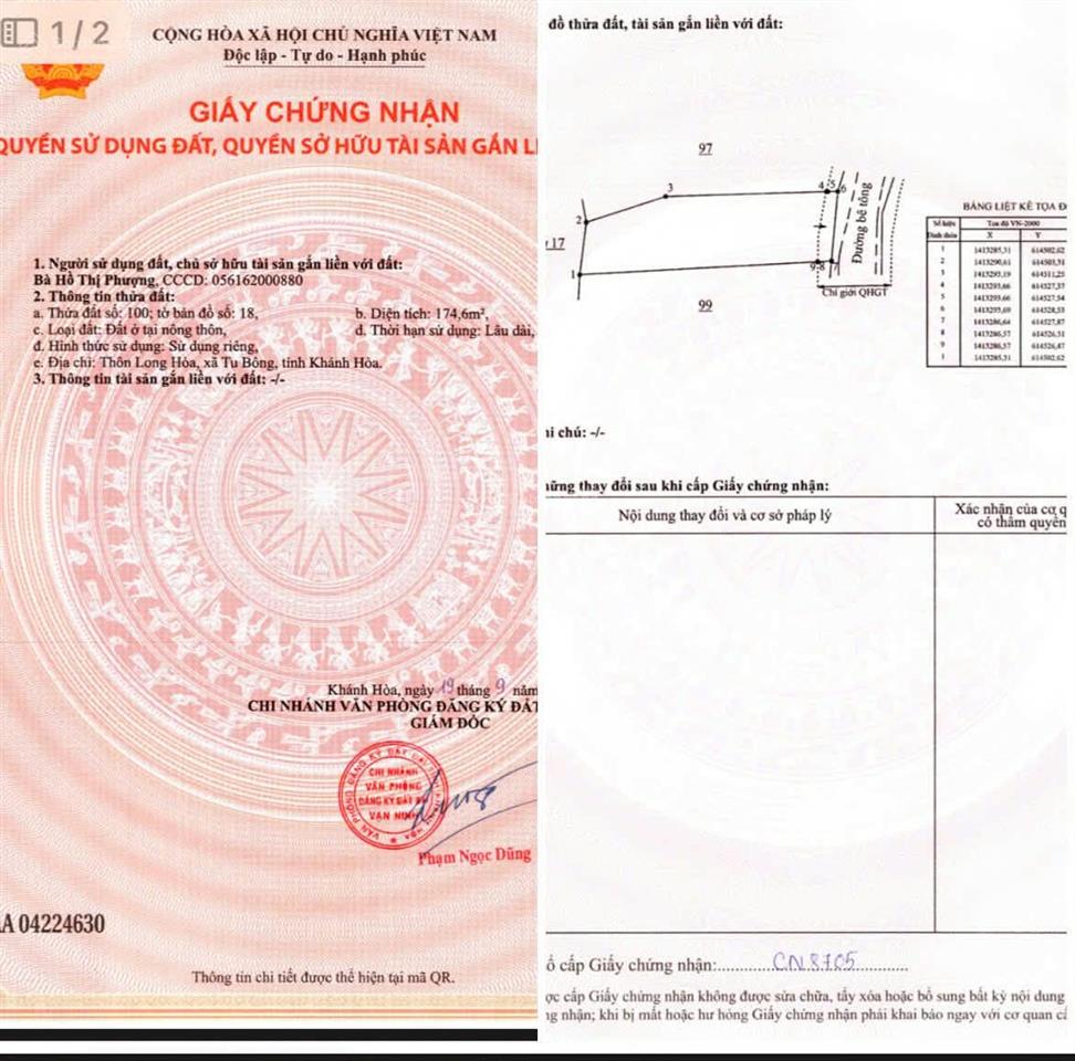 Bán đất thôn long hòa  vạn long khánh hòa. 174.6m2. full thổ cư đất. đường bê tông hiện trạng 5m