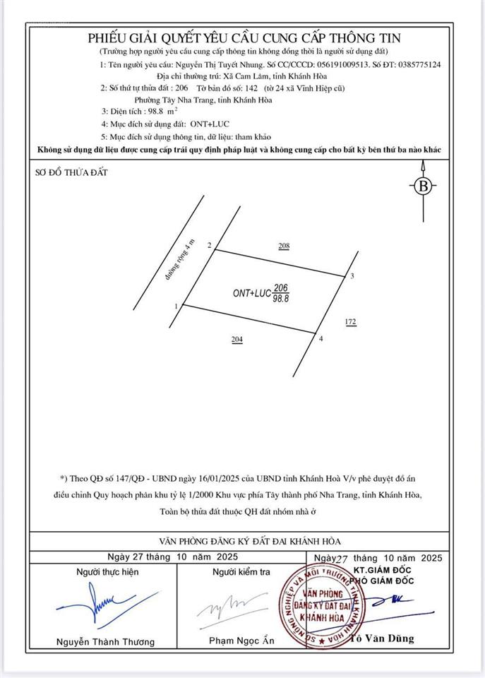Bán đất vĩnh châu vĩnh hiệp phường tây nha trang. lô đất đẹp xung quanh biệt thự..98.8m2 full thổ