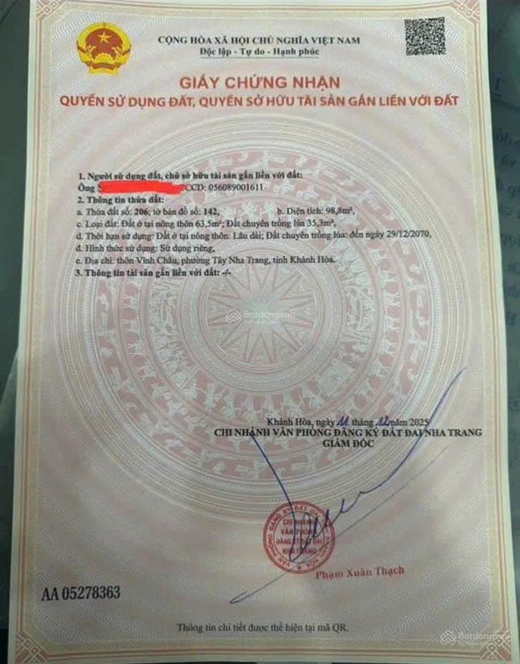 Bán đất vĩnh châu vĩnh hiệp phường tây nha trang. lô đất đẹp xung quanh biệt thự..98.8m2 full thổ