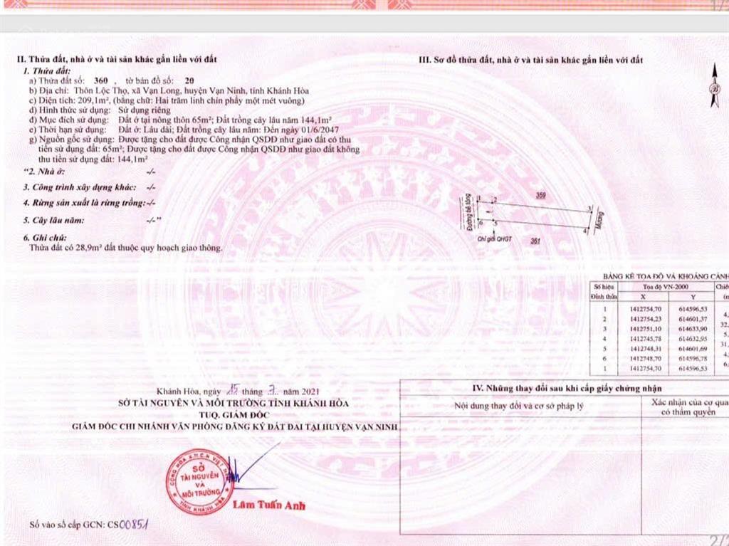 Bán đất thôn lộc thọ  vạn long  tu bông dt 209,1m2 ngang 6m. lô gần chợ tu bông
