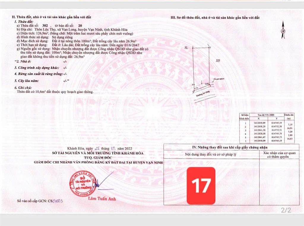 Bán đất thôn lộc thọ  vạn long  tu bông dt 126.9m2 ngang 7.2m. khu dân cư