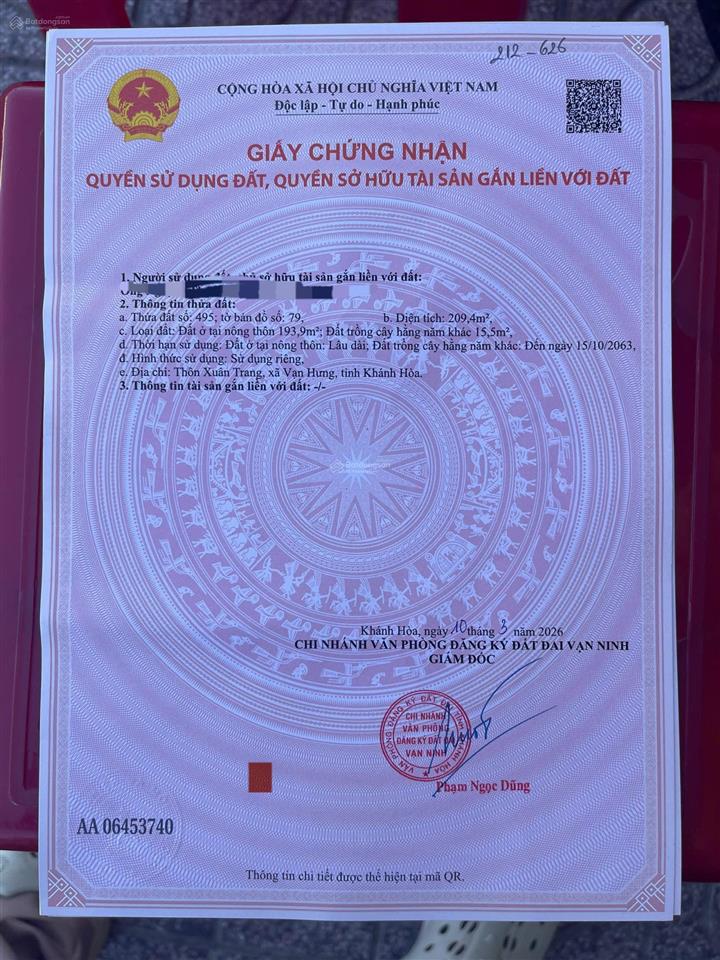 Bán đất thổ cư vạn hưng  vạn ninh. dtích 209,4m² (thổ cư 193,9 m² ont)