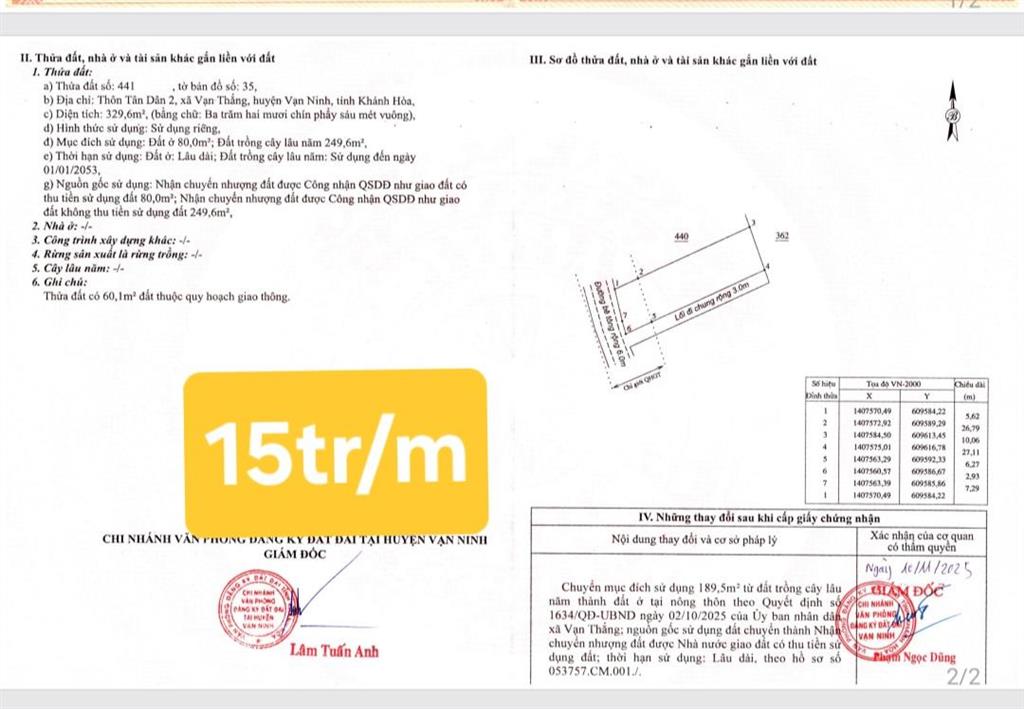 Bán gấp lô đất tân dân 2  vạn thắng  vạn ninh  diện tích 329.6m2