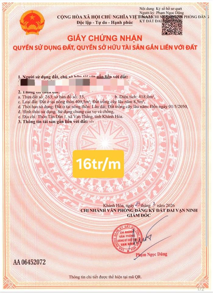 Thửa 263. tờ 35bán đất tân dân 1 vạn thắng vạn ninh diện tích 418m2 (ngang 9m)