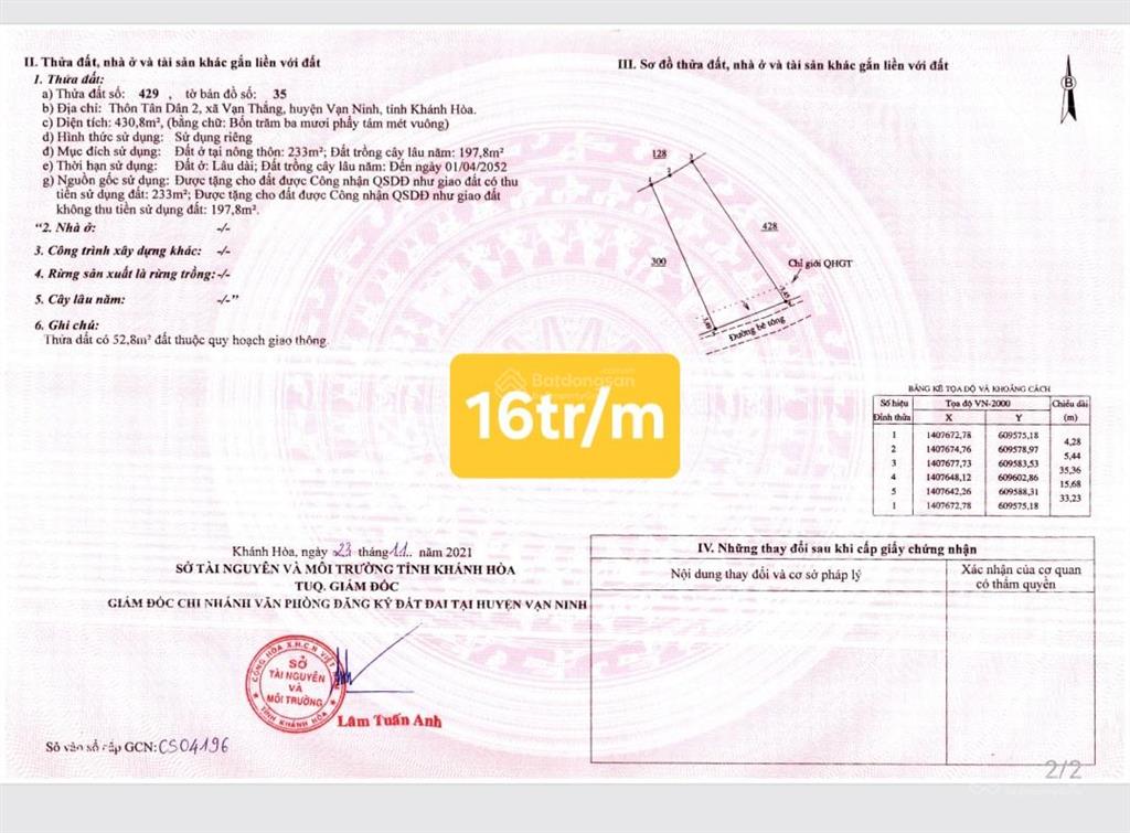 Bán gấp lô đất tân dân 2 vạn thắng vạn ninh