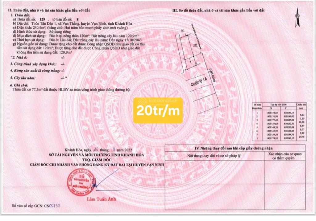 Bán đất thôn tân dân  diện tích 240,9m2 ngang 9m. mặt tiền ql1a