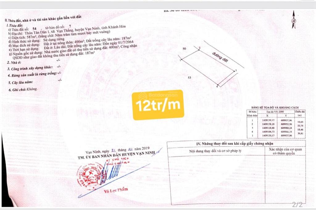 Bán đất thôn tân dân 1 thổ cư tại xã vạn thắng huyện vạn ninh chỉ 12tr/m