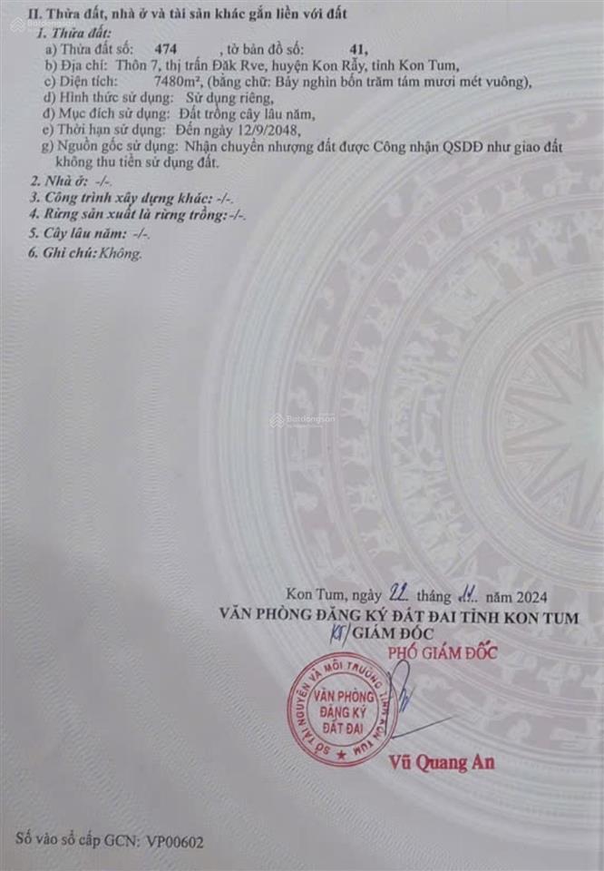 Bán đất tại thị trấn đăk rve, 1,5 tỷ, 7480 m2, mặt tiền 25m, pháp lý đầy đủ