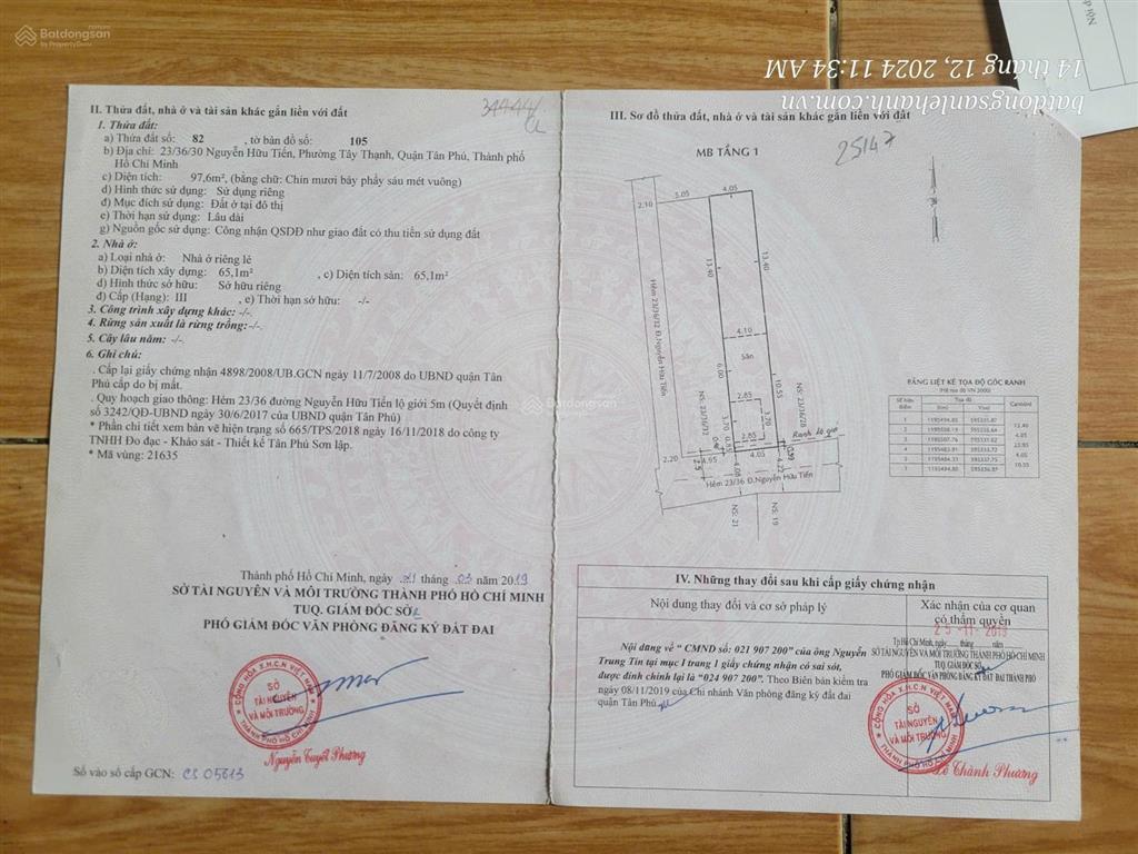 Hẻm thông nguyễn hữu tiến, tây thạnh, tân phú. 4 x 24m, odt 100% cn 97m² giá 7,2 tỷ~78tr/m2