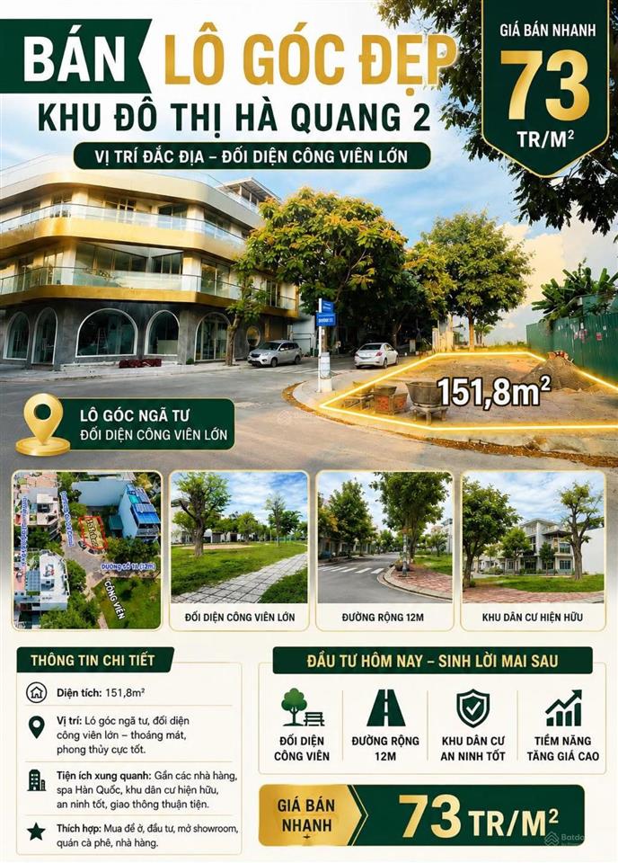 Cần bán lô góc 151,8m  khu đô thị hà quang 2 nha trang đối diện công viên  giá 73tr/m