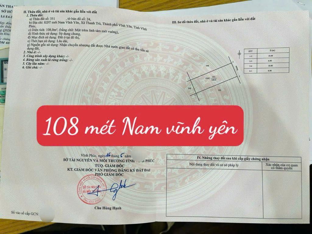 🔥 CHỈ 4,1 TỶ SỞ HỮU NGAY LÔ ĐẤT ĐẸP KĐT NAM VĨNH YÊN – THANH TRÙ DT108m MT6m SẴN SỔ CC 0988296228