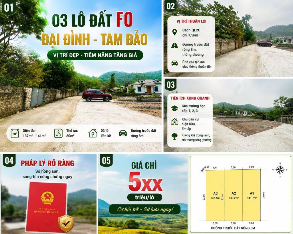 Cần bán nhanh lô đất nghỉ dưỡng, villa đẹp tt. Đại Đình, Tam Đảo DT 141,7m2 MT5m sẵn sổ giá 580tr 0988296228