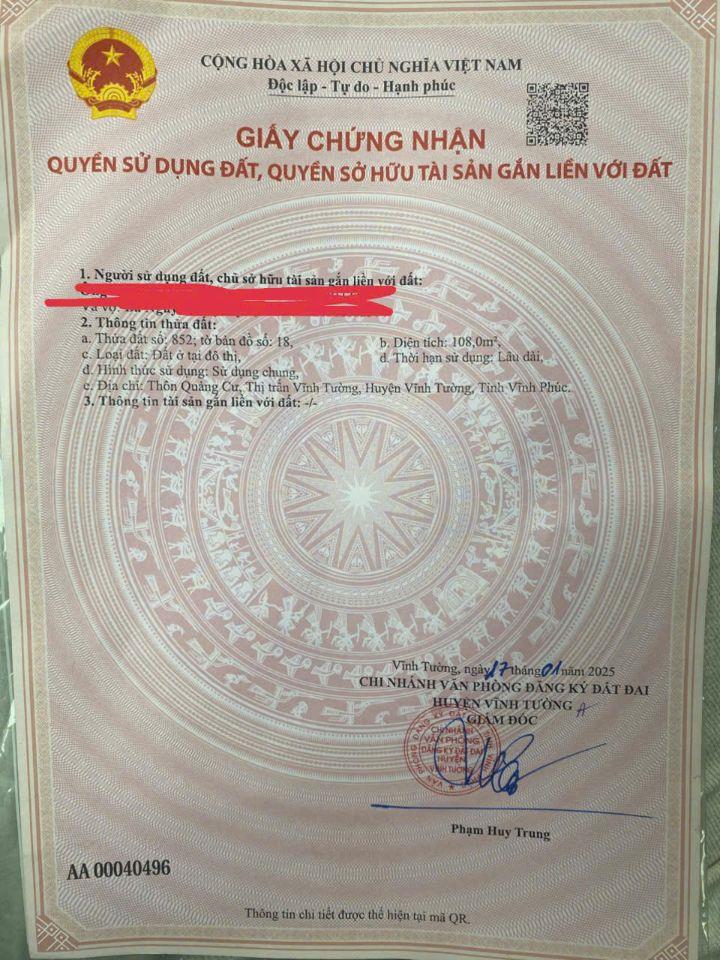 Chính chủ bán gấp lô đất đối diện THPT Đội Cấn Vĩnh Tường DT 108m2 MT 6m giá 2tỷ220triệu 0988296228