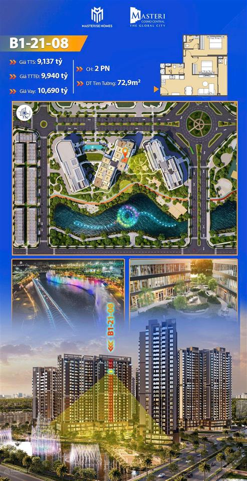 Bán căn hộ 2pn view nhạc nước nổi bật dự án masteri cosmo central chỉ 9,1 tỷ