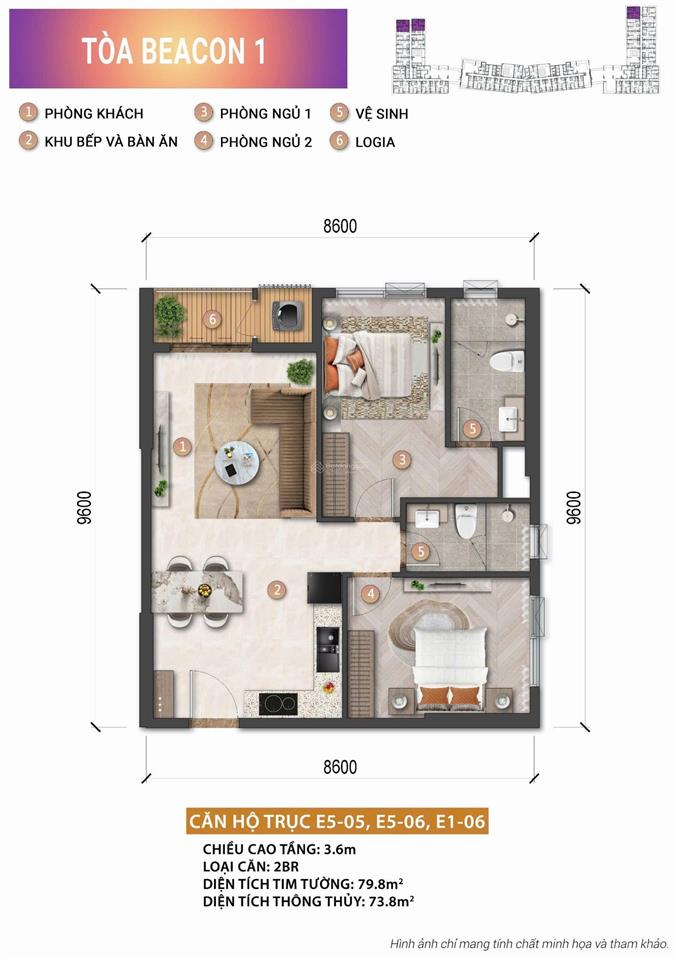 Căn hộ beacon 2pn + 2wc 86.5m2  giá bán 5 tỷ 251 (102%)
