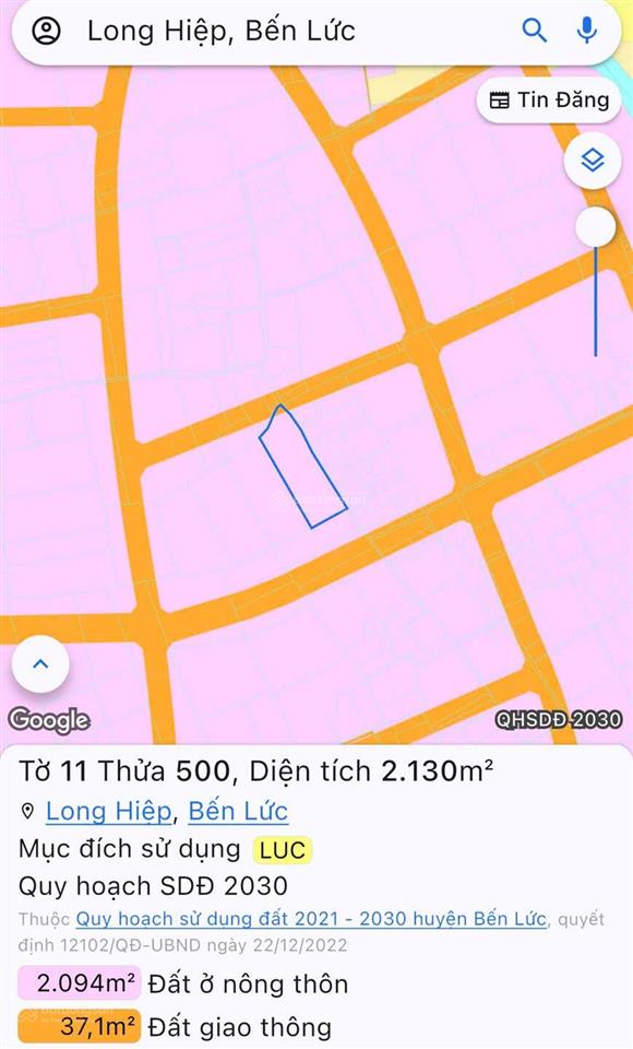 Chính chủ cần bán đất diện tích 2130m2, xã long hiệp, huyện bến lức, tỉnh long an