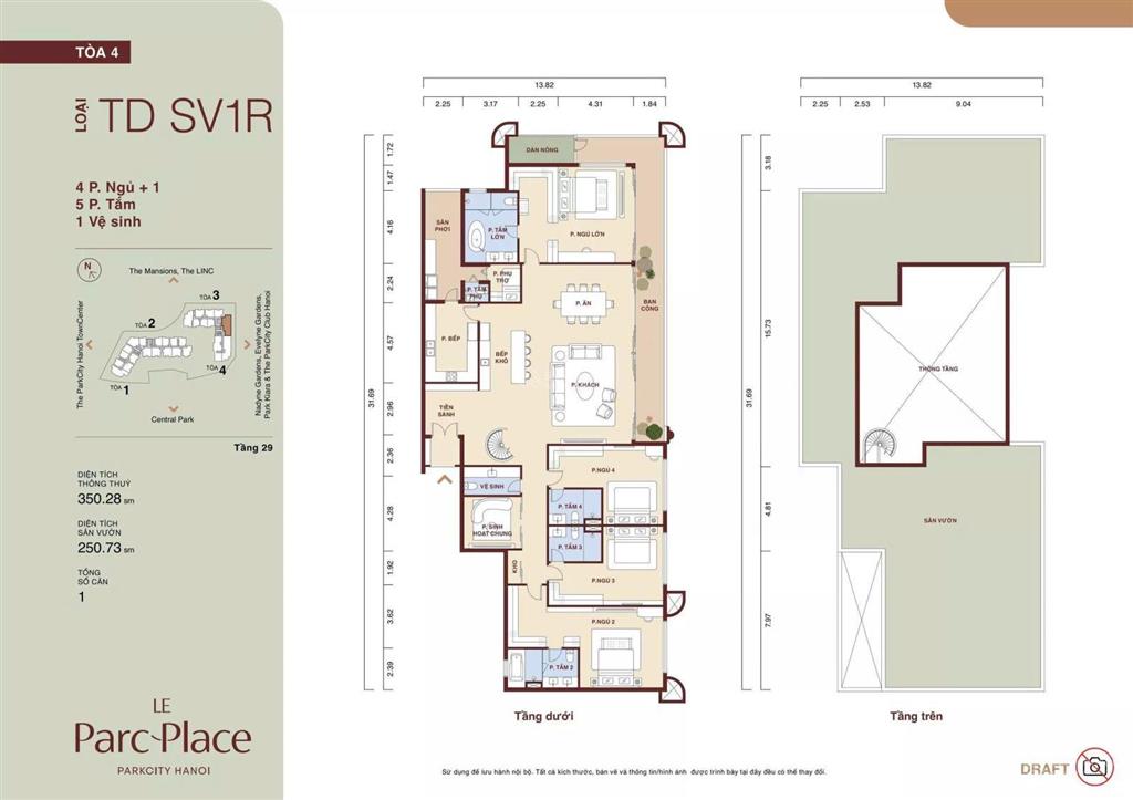 Suất ngoại giao penthouse sân vườn tòa le parc place. sân vườn 250m2, tặng 3 slot ô tô giá 69tr/m2