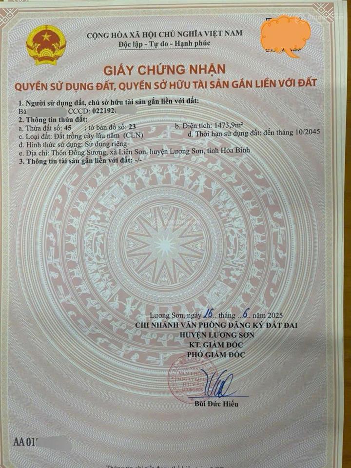 Bán đất lô góc tại đồng xương, lương sơn, hòa bình cũ, nay thuộc phú thọ. dt 1.474 m2, thổ cư 200m