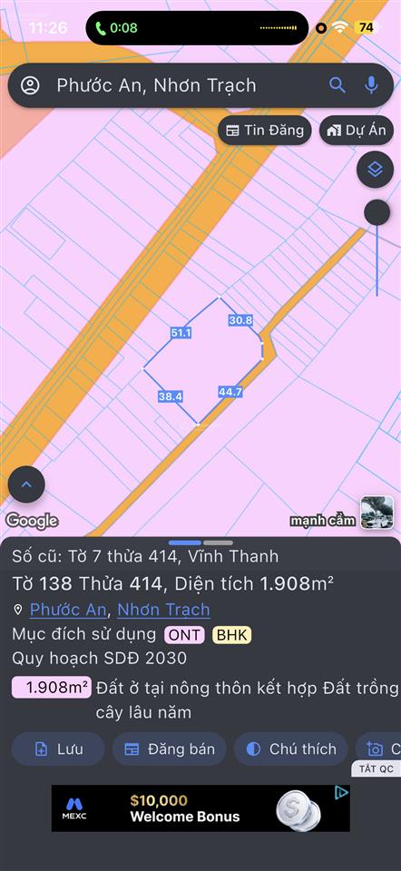 Chính chủ cần bán lô đất ngay khu dân cư bắc thần. vĩnh thanh nhơn trạch (cũ). full thổ cư.
