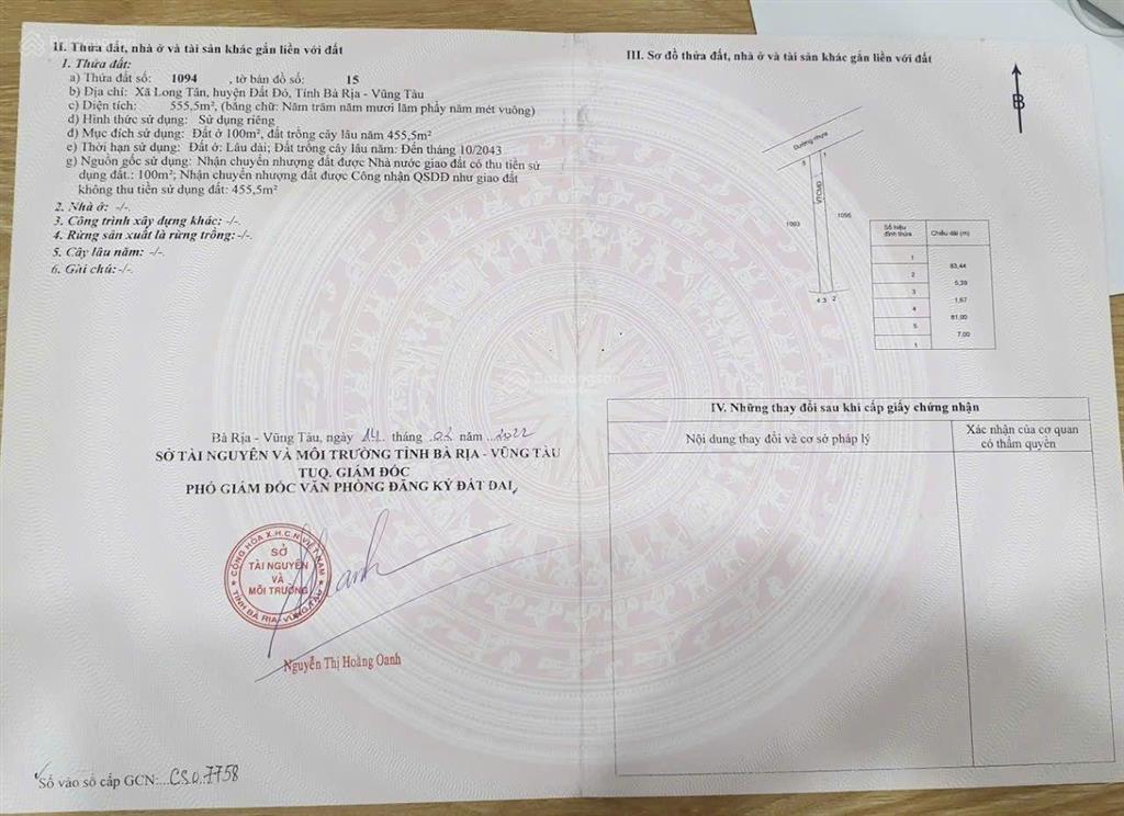 Bán đất 555m2 tại long tân, 6,8 tỷ, mặt tiền 7m, ngõ rộng 10m, pháp lý đầy đủ