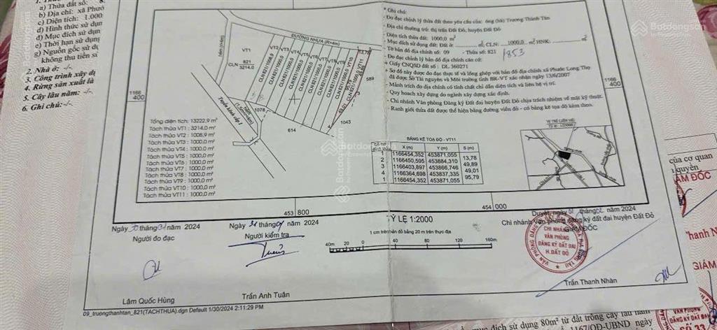 Bán đất 1000m2 tại xã phước long thọ, 6,8 tỷ vnd