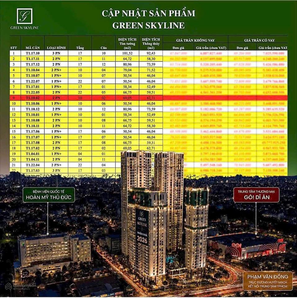 Green skyline tbs, 2pn góc 67m2 tầng 6, view mát mẻ, đối diện go!, làng đại học, bàn giao cao cấp