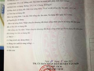 Bán lô đất 231m2 ( 70m2 thổ cư ) Tại Khu Mịn 1 – Xã Mỹ Thuận – Tân Sơn – Phú Thọ.