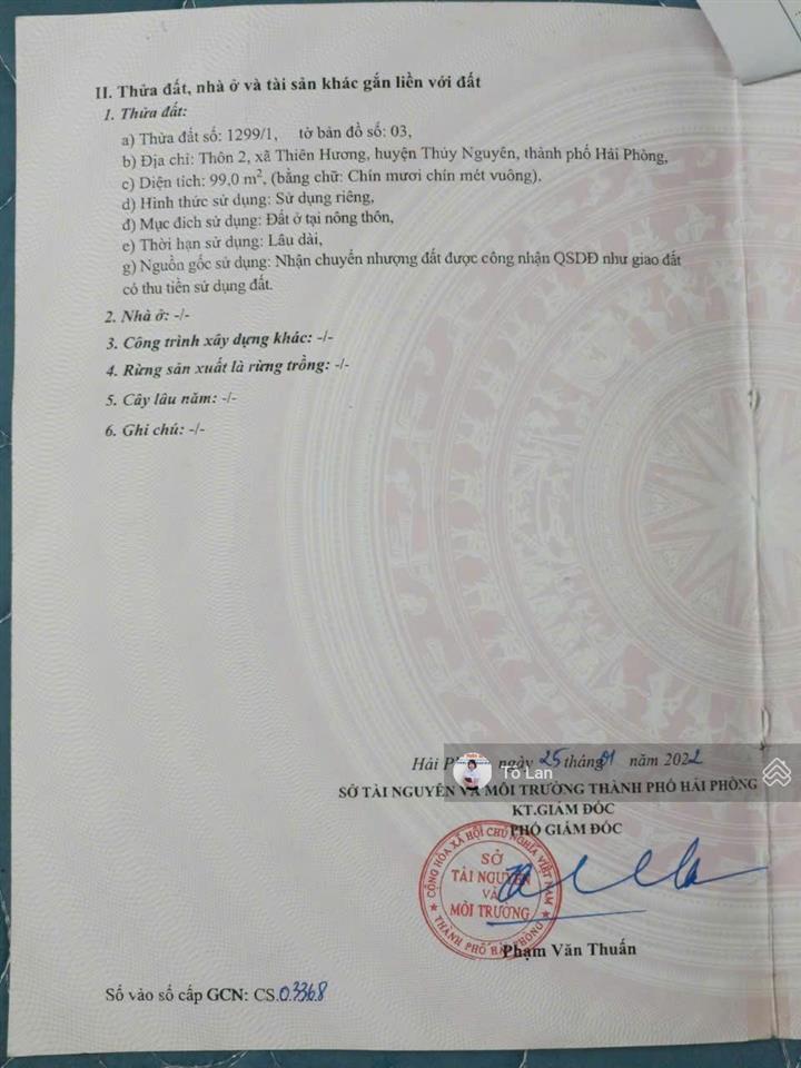 Bán đất trục đường tổ dân phố 2 phường thiên hương thủy nguyên hải phòng