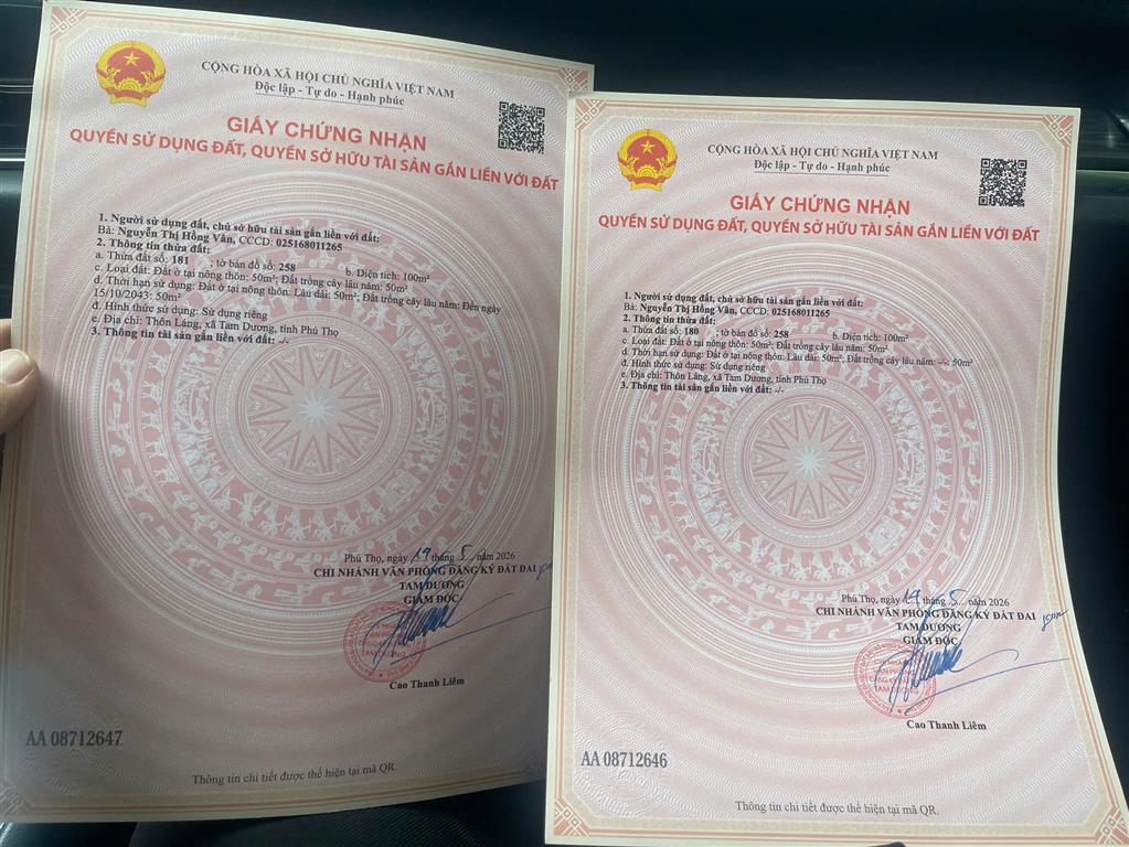 Bán lô đất có diện tích 100m2 ( thổ cư 50m) Tại Thôn Láng – Kim Long - Tam Dương – Vĩnh