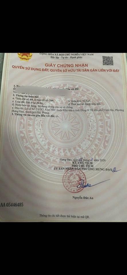 Bán lô đất có diện tích 92,5m2 (Ngang 5m - Sâu 18,5m) Tại TĐC Anh Dũng 5 - phường Hưng
