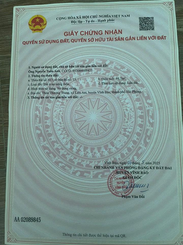 Bán lô đất 98,7m2 ( full thổ cư ) Thuộc Thôn Thượng Trung - Am Liêm - Vĩnh Bảo - Hải