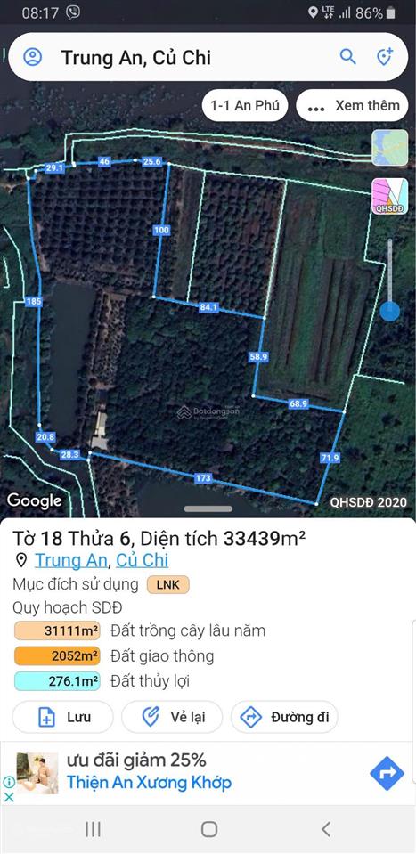 Bán đất mặt tiền sông sài gòn xã trung an, huyện củ chi  diện tích 45000m2  giá bán 3tr/m2