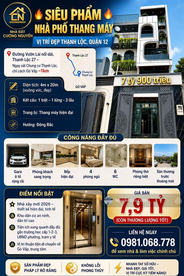 Siêu phẩm thang máy 4x20m 1lững 3 lầu đường 8m thạnh lộc 27 sát chung cư thạnh lộc giáp ngã tư ga