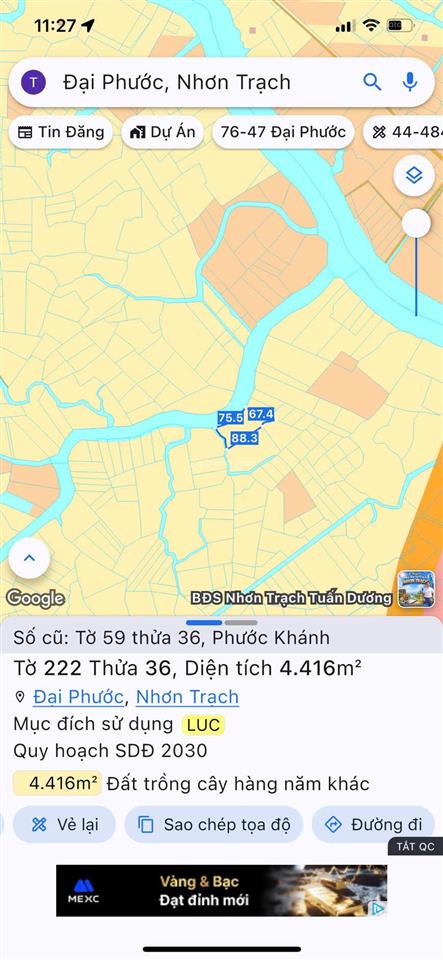 Quỹ đất hiếm còn sót lại tại nhơn trạch hơn 1ha đất ven rạch giá chỉ 1 triệu/m²