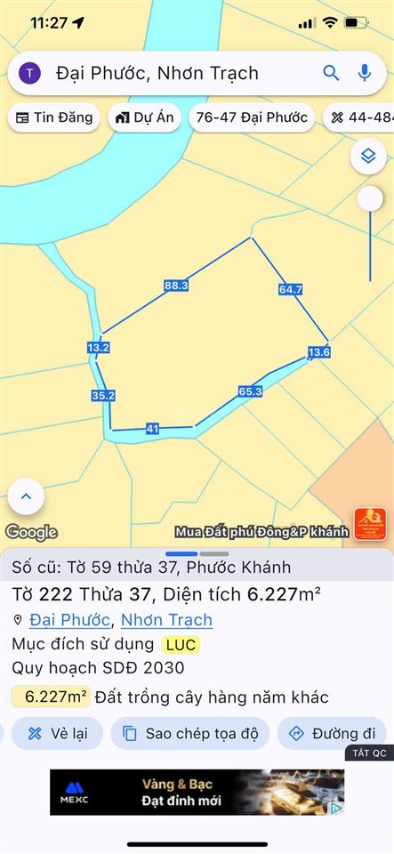 Quỹ đất hiếm còn sót lại tại nhơn trạch hơn 1ha đất ven rạch giá chỉ 1 triệu/m²