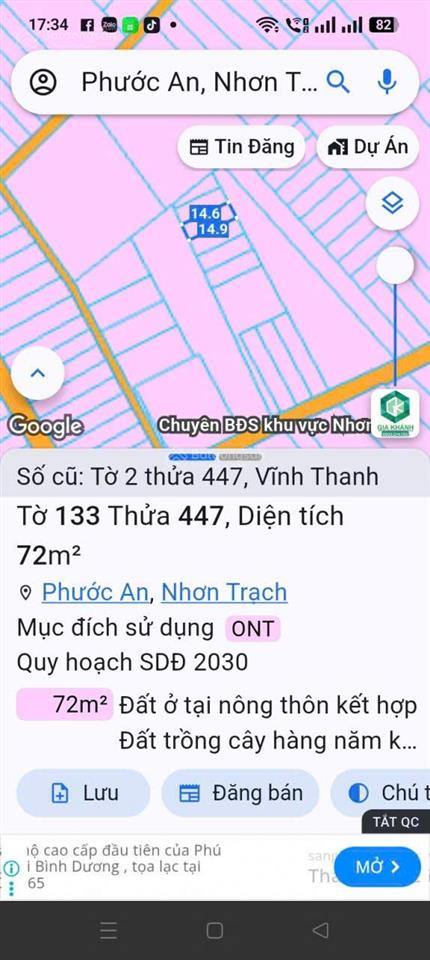 72m² đất thổ cư phước an nhơn trạch giá chỉ 1,4 tỷ, sổ riêng, khu dân cư, gọi ngay