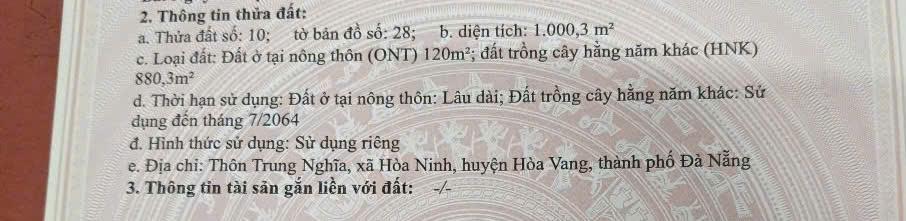 Bán đất đà nẵng xã bà nà 1000m² có 120m đất ở, mặt tiền đường nhựa