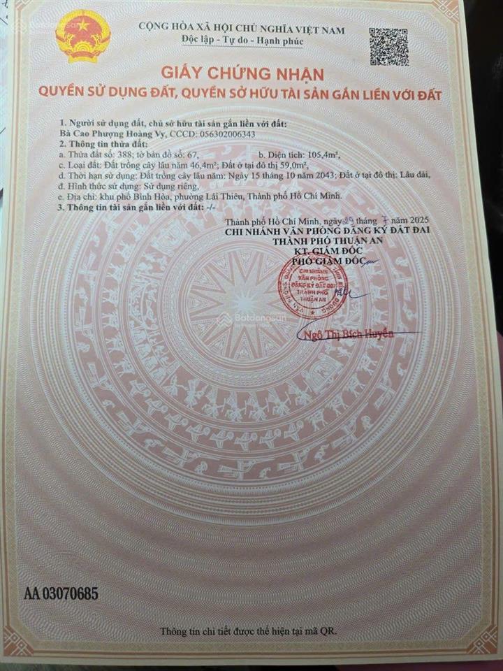 Giá 3.4 tỷ sở hữu đất 105m2 lái thiêu tiềm năng sổ riêng gần sân golf, kcn vsip 1