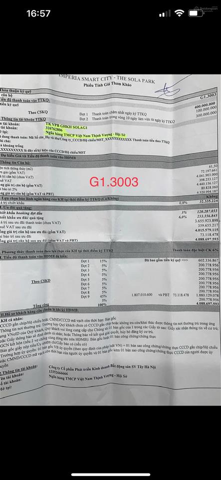 Cc bán căn g1.3003 solar park vin tây mỗ hn, thông thủy 61m 2n2vs ban công hướng tây bắc nhìn cvien