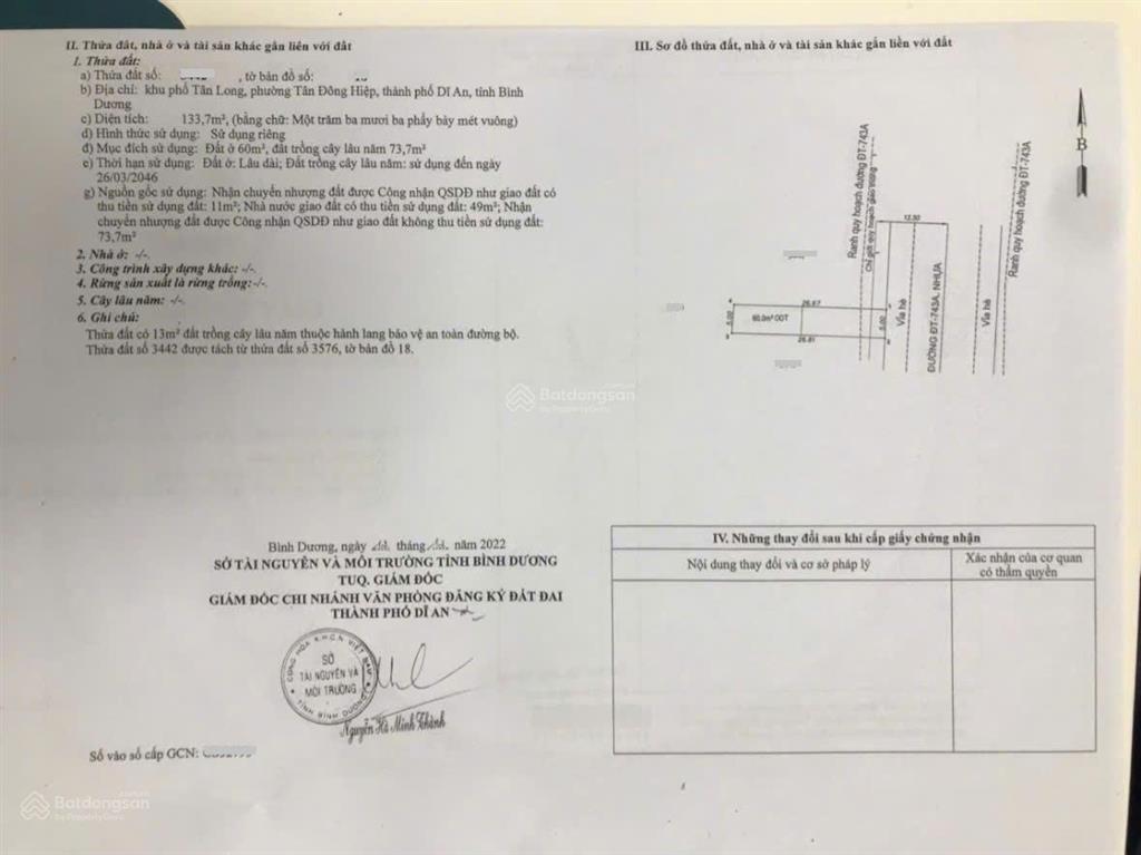 Bán lô góc 15.6x27m, mặt tiền đường đt. 743a p. tân đông hiệp, thu 90tr/th