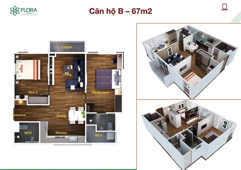 Cho thuê căn hộ flora anh đào, 2pn 2wc giá 8,5 triệu