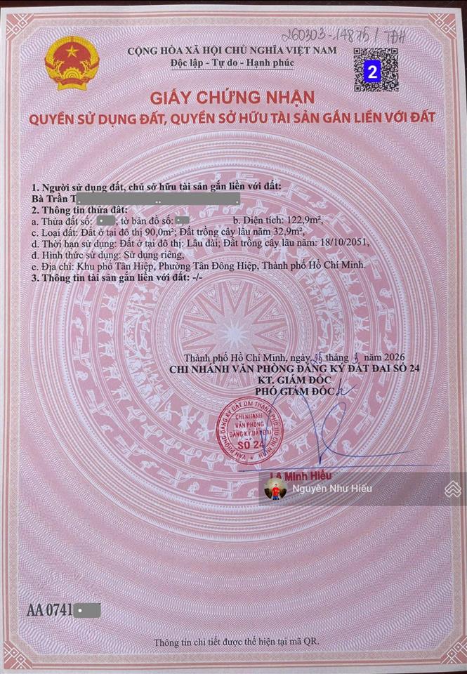 Bán đất mt đường nguyễn thị tươi p.tân bình, tp.dĩ an