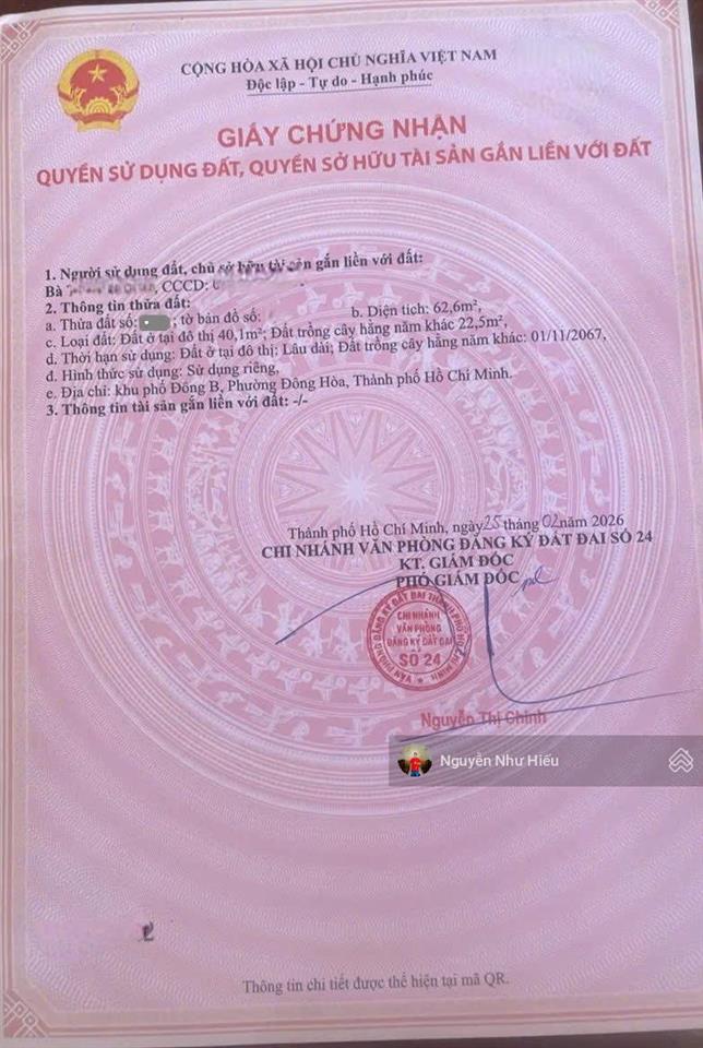 Bán nhà 1 trệt 1 lầu gần đường trần hưng đạo 100m p. đông hòa, tp. dĩ an