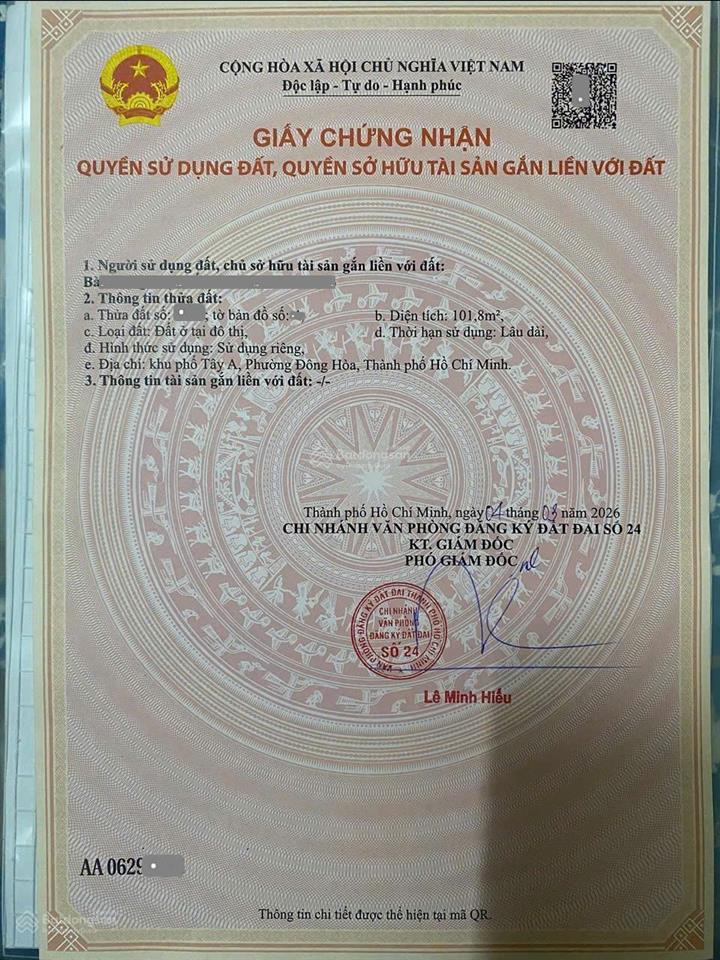 Bán đất tđc siêu thị go, phường đông hòa, thành phố dĩ an cũ (5,21x19,5m)