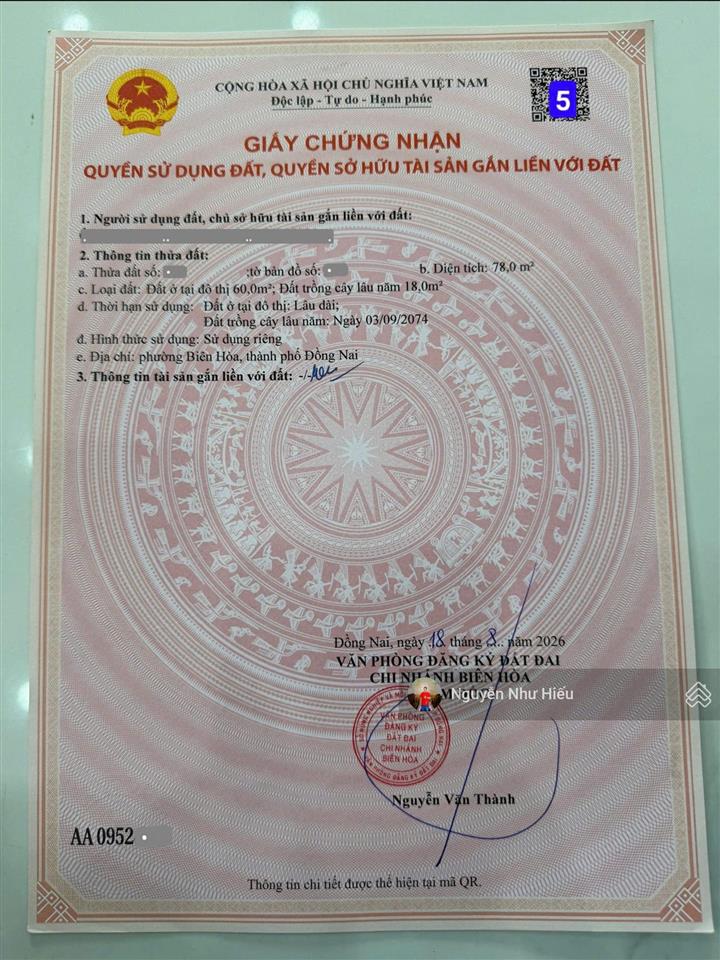 Bán đất mới tách thửa, gần vòng xoay cầu hang 500m, p. bửu hòa, tp. biên hòa cũ